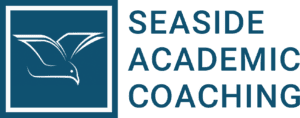 Logo for Seaside Academic Coaching featuring a stylized bird in a blue square next to the company name in bold letters.