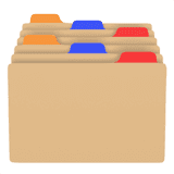 A beige folder holding several files with colored tabs: orange, blue, and red.